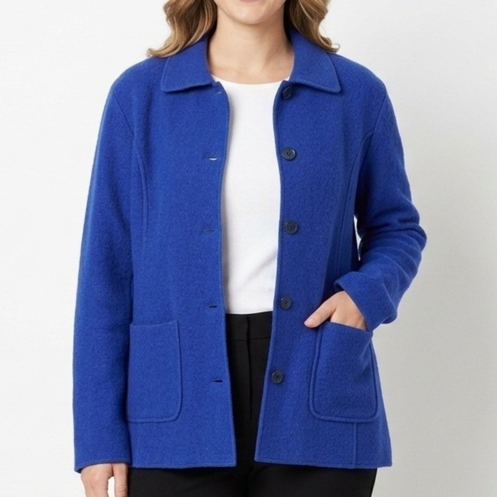 Jones New York Cardigan Jacket Womens PL Blue Merino Wool Button Front Pockets